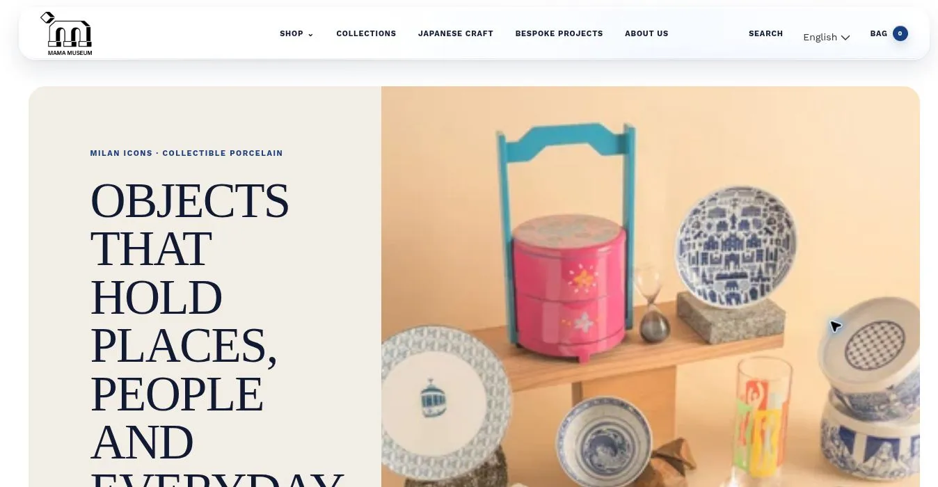 Interfaccia Mama Museum: navigazione per shop, collezioni e progetti bespoke