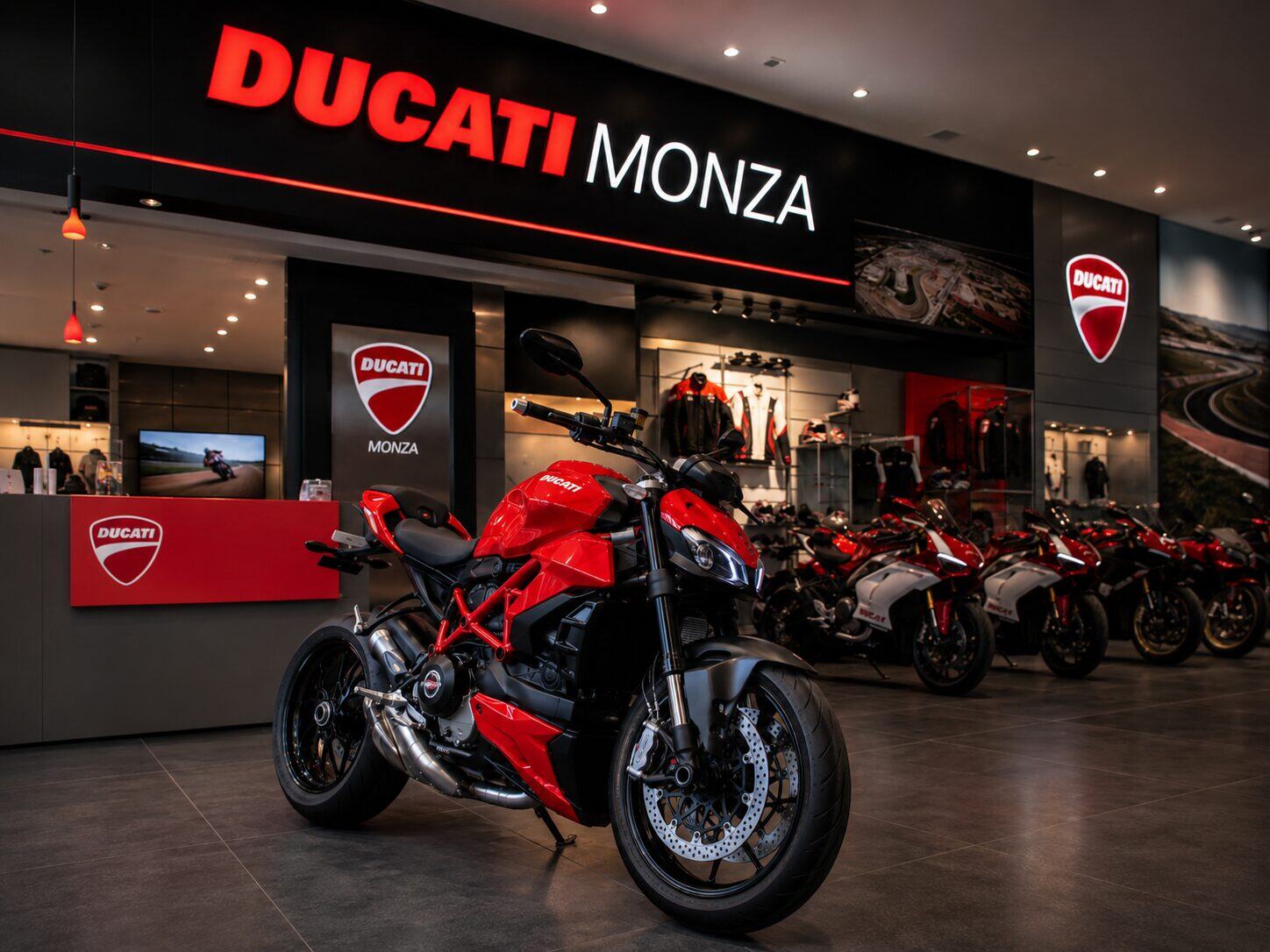 Showroom Ducati Monza con motociclette esposte