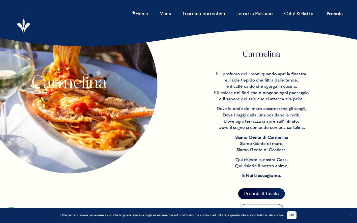 Schermata Locanda Carmelina: presentazione del locale e invito a prenotare